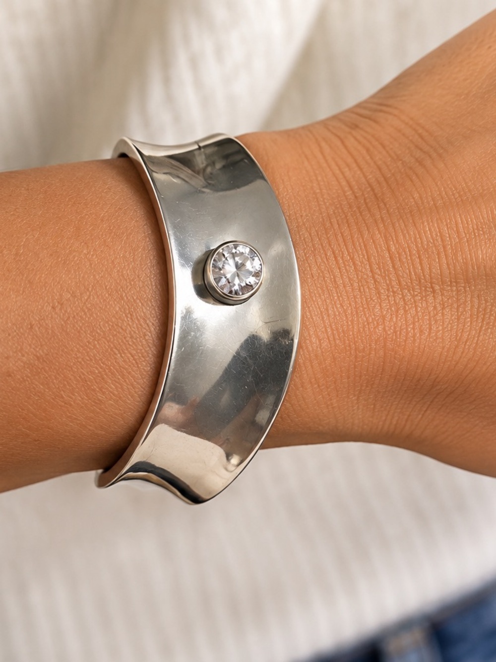 Vintage Mexico TD-37 925 Sterling Silver Cuff Bracelet Clear Stone 58g